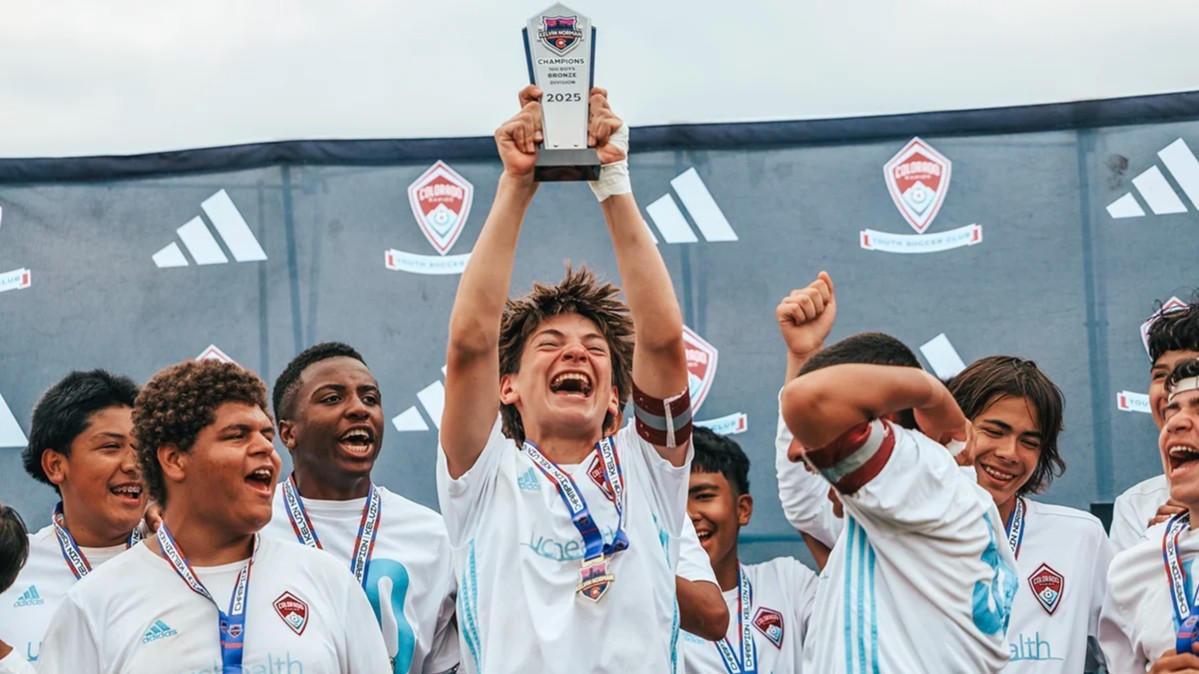 Competitive soccer boys lifting a winner trophy