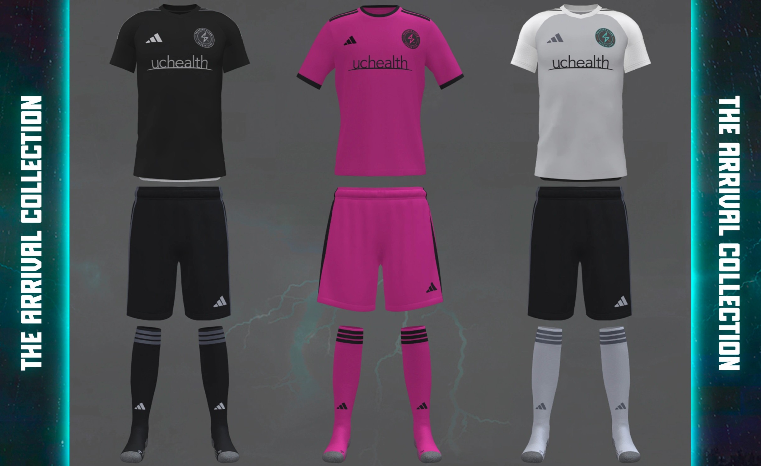 Official Colorado Storm Arrival Collection soccer uniforms including black home grey away and pink goalkeeper kits 3