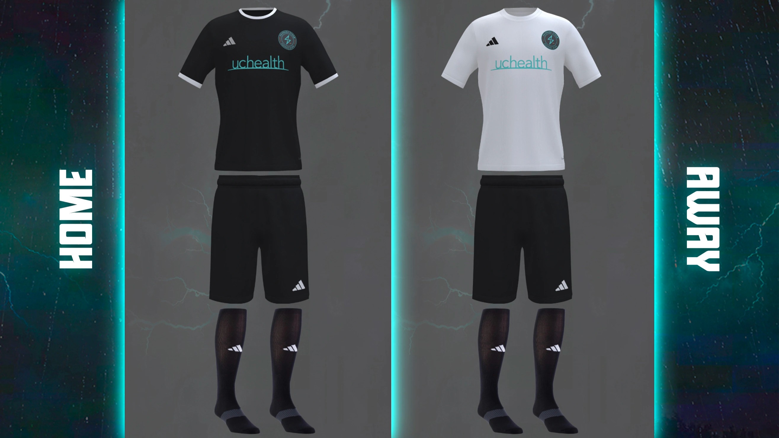The official black home and white away recreational soccer kits for Colorado Storm players 3