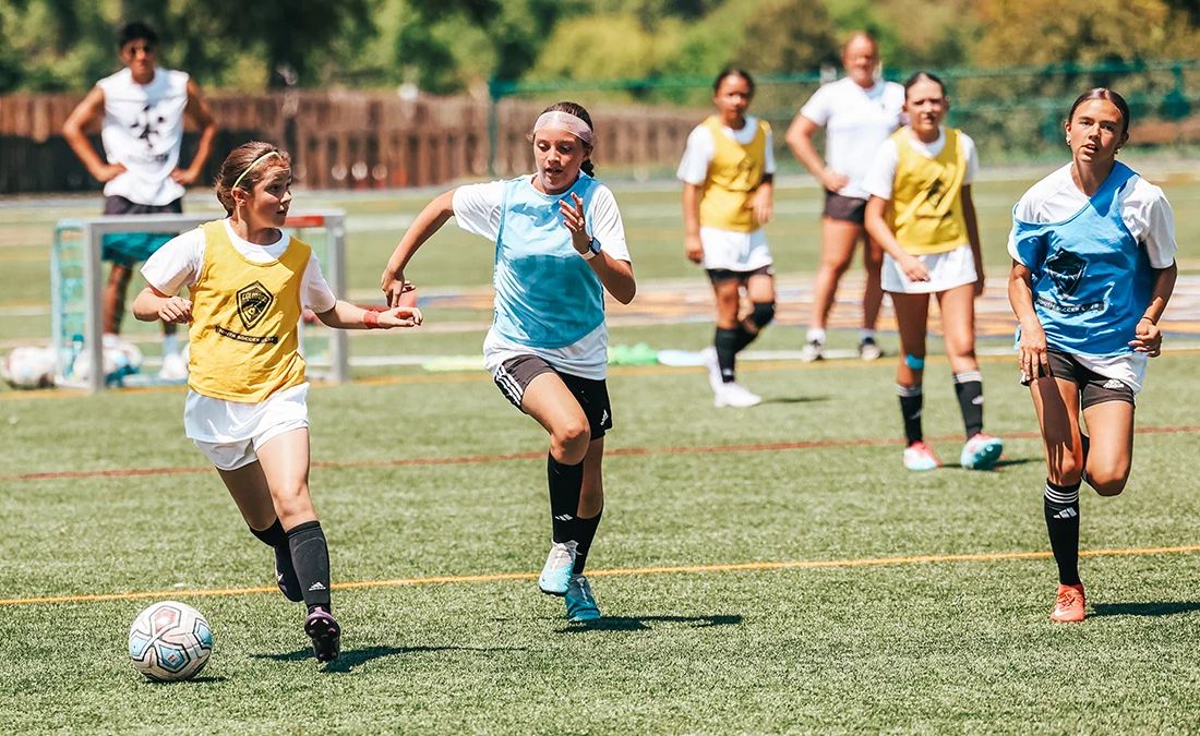 Young girls dribbling a soccer ball during a skills training session at a Storm summer camp